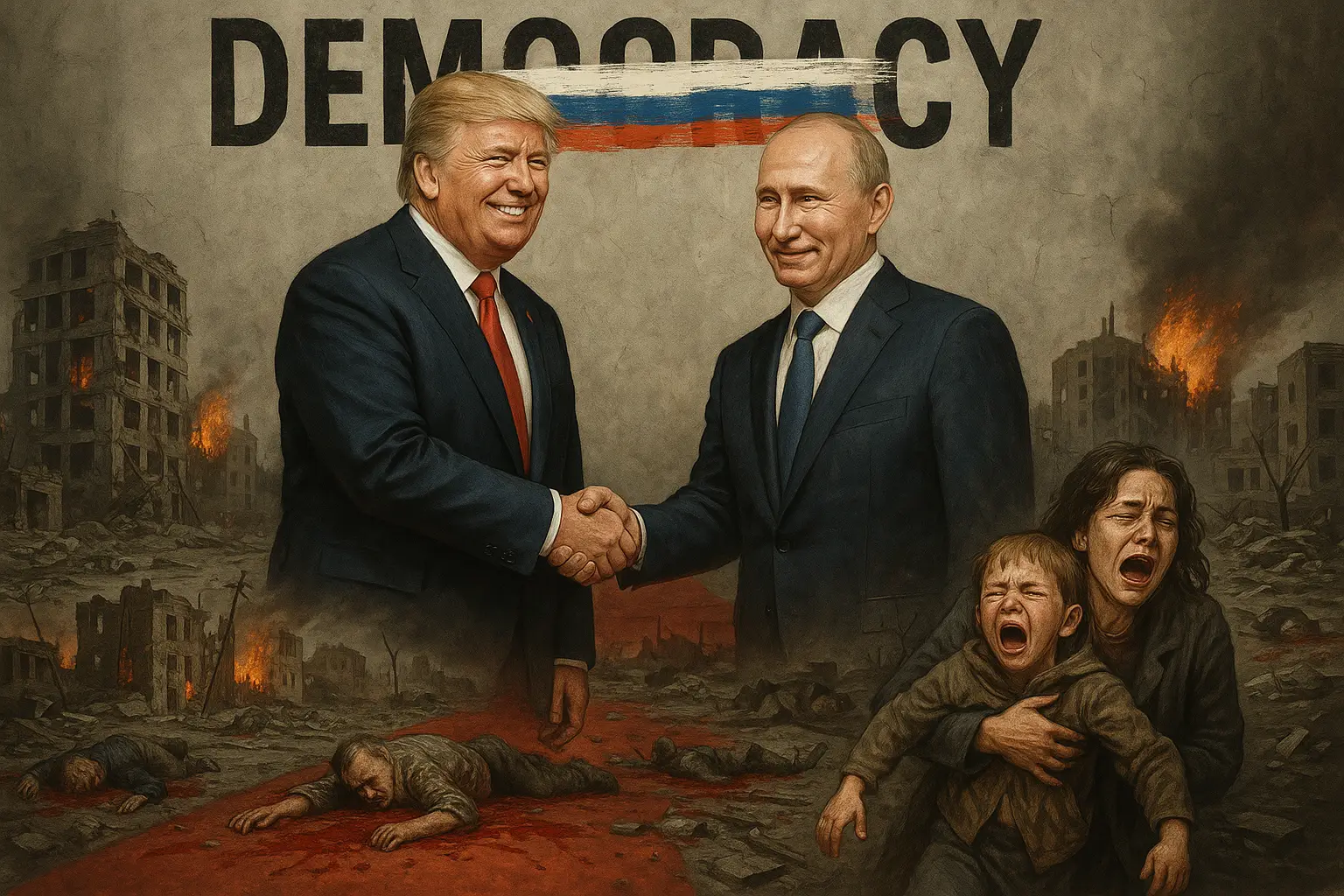 Trump Putin Alaska meeting handshake – criticism of America’s betrayal of justice