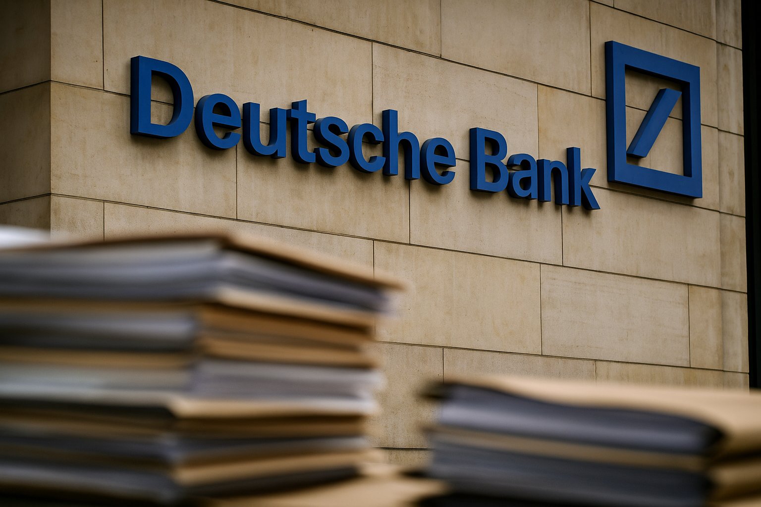 Deutsche Bank derivatives scandal with logo and files symbolizing controversy