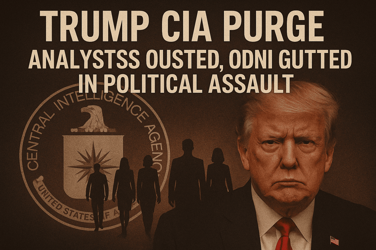 Trump CIA purge — CIA emblem shattered, dismissed analysts in shadows, symbol of political assault.