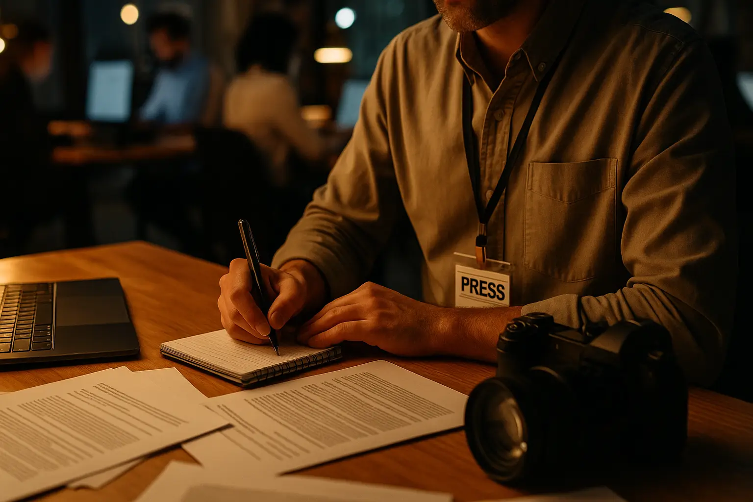 Journalist with notebook and camera working in a crowded newsroom