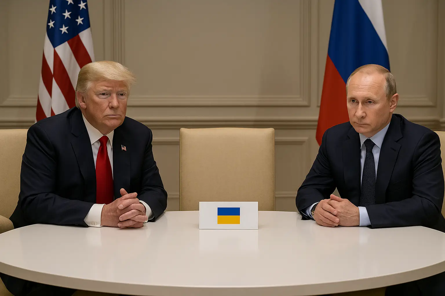 Donald Trump and Vladimir Putin at a negotiation table with an empty seat for Ukraine, symbolizing exclusion from talks