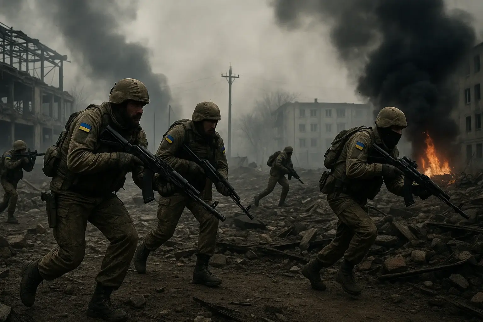 Ukrainian soldiers advancing through destroyed Pokrovsk under heavy smoke during the 2025 battle