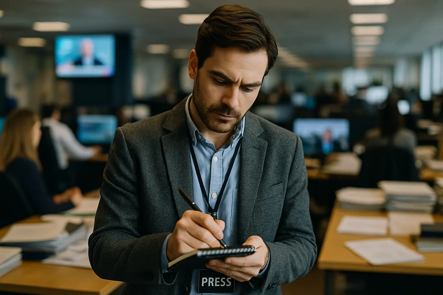 Journalist writing notes during a press conference in a modern newsroom
