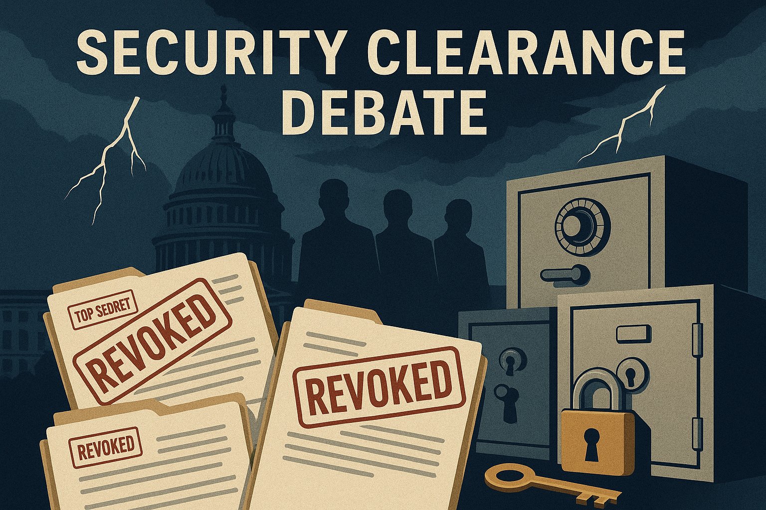 Tulsi Gabbard security clearances debate illustration with revoked files and Capitol