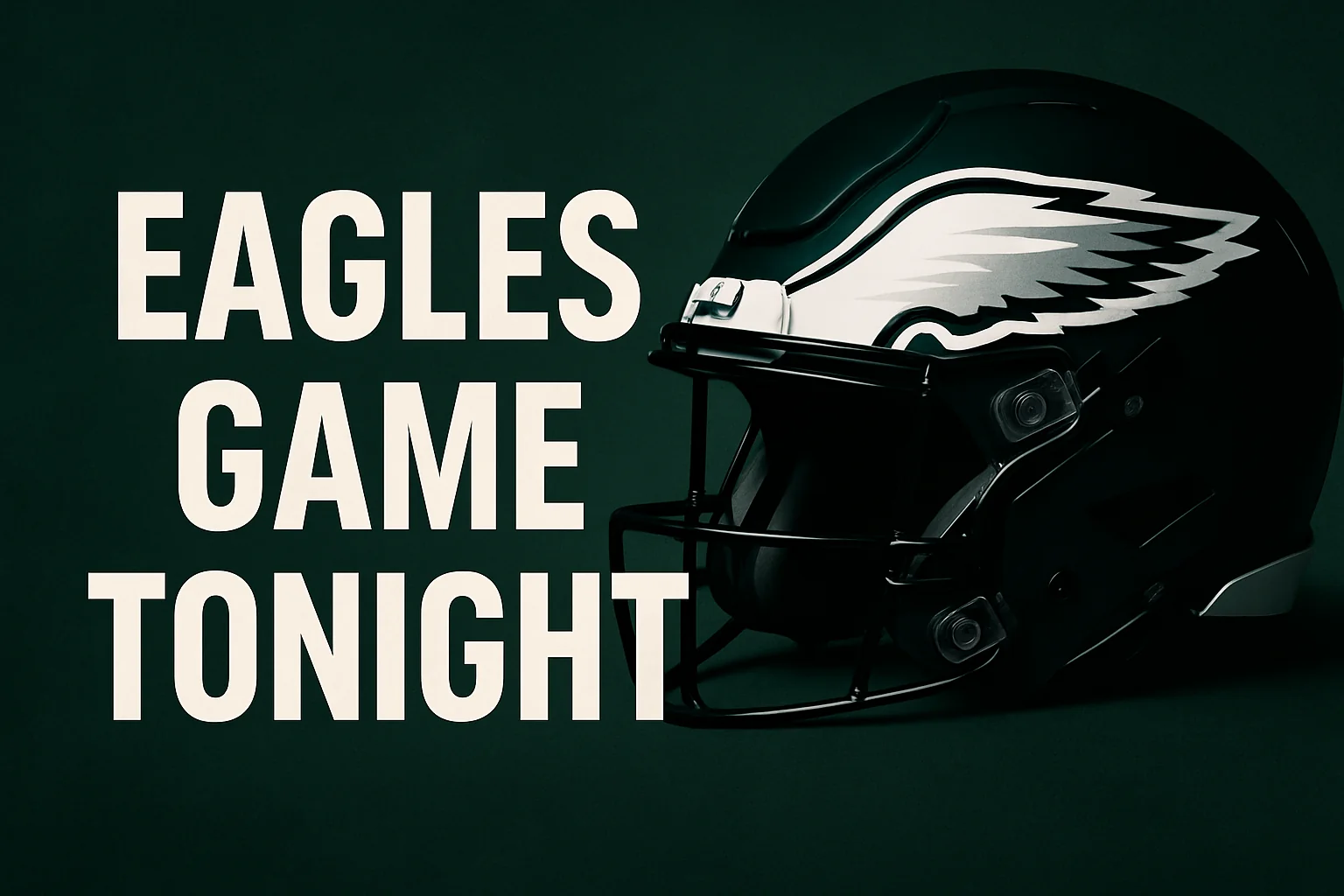 eagles game tonight with Philadelphia Eagles helmet on dark green background