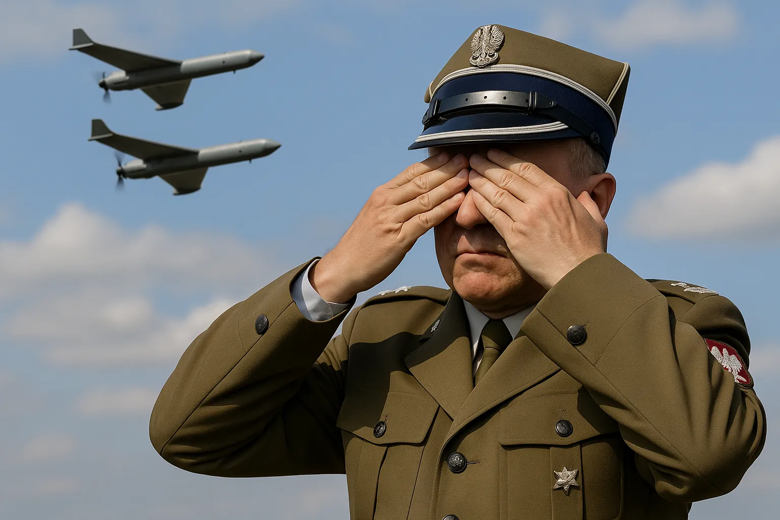 Polish general covering eyes while Shahed drones fly overhead — NATO impotence