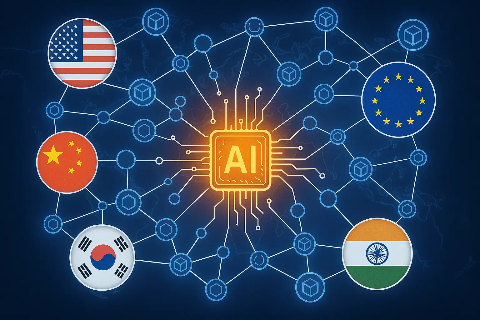 Conceptual digital illustration of interconnected blockchain nodes and national flags around an AI core, symbolizing global blockchain diplomacy.