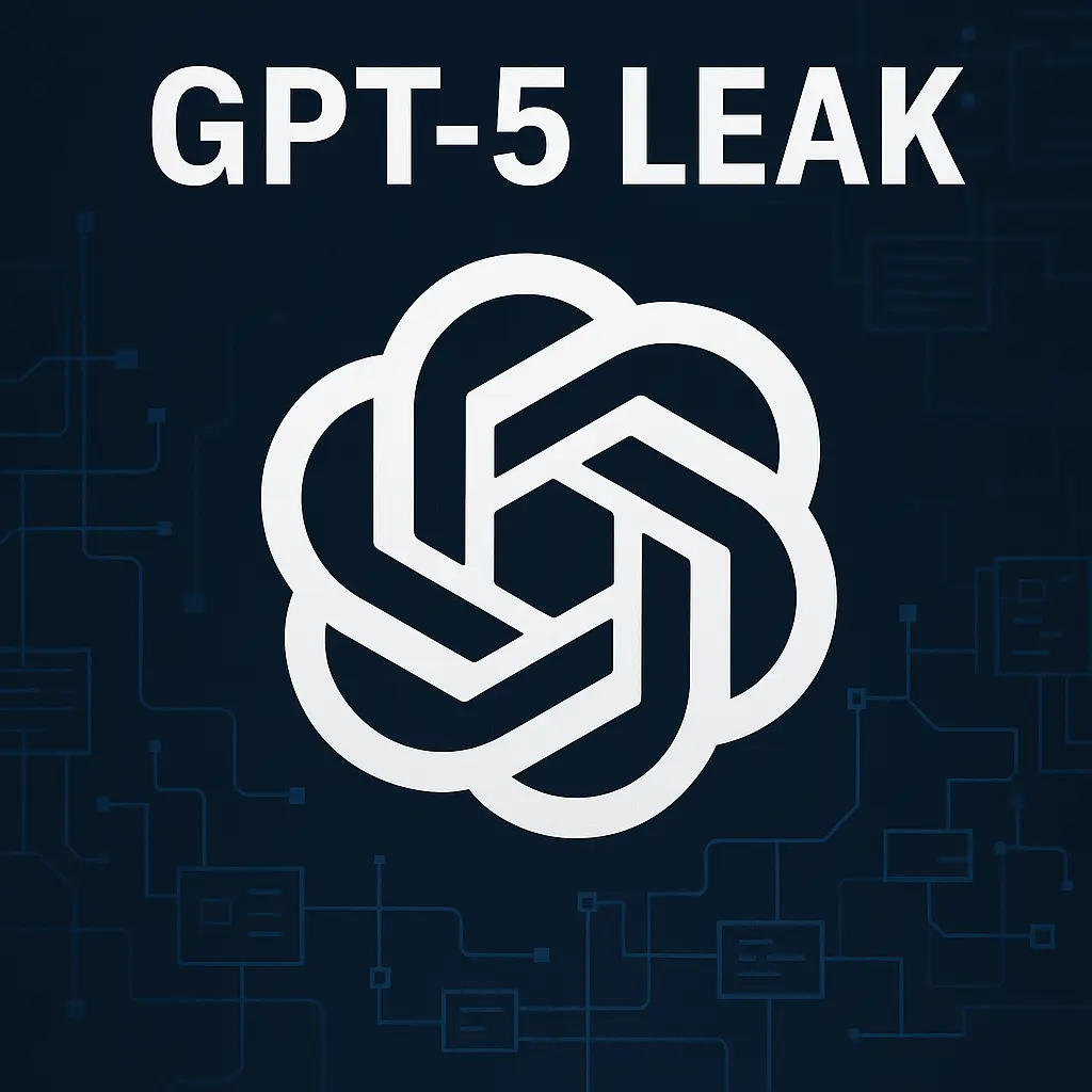 GPT-5 leak illustration with OpenAI logo and tech network background